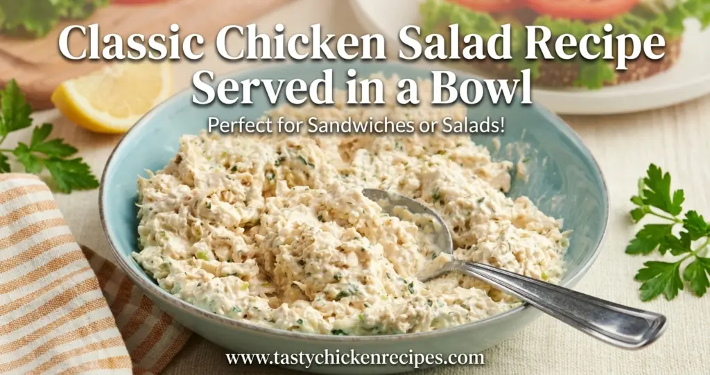 Classic chicken salad recipe with tender chicken, celery, and creamy dressing