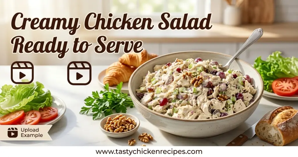 Fresh and creamy chicken salad recipe served in a white bowl