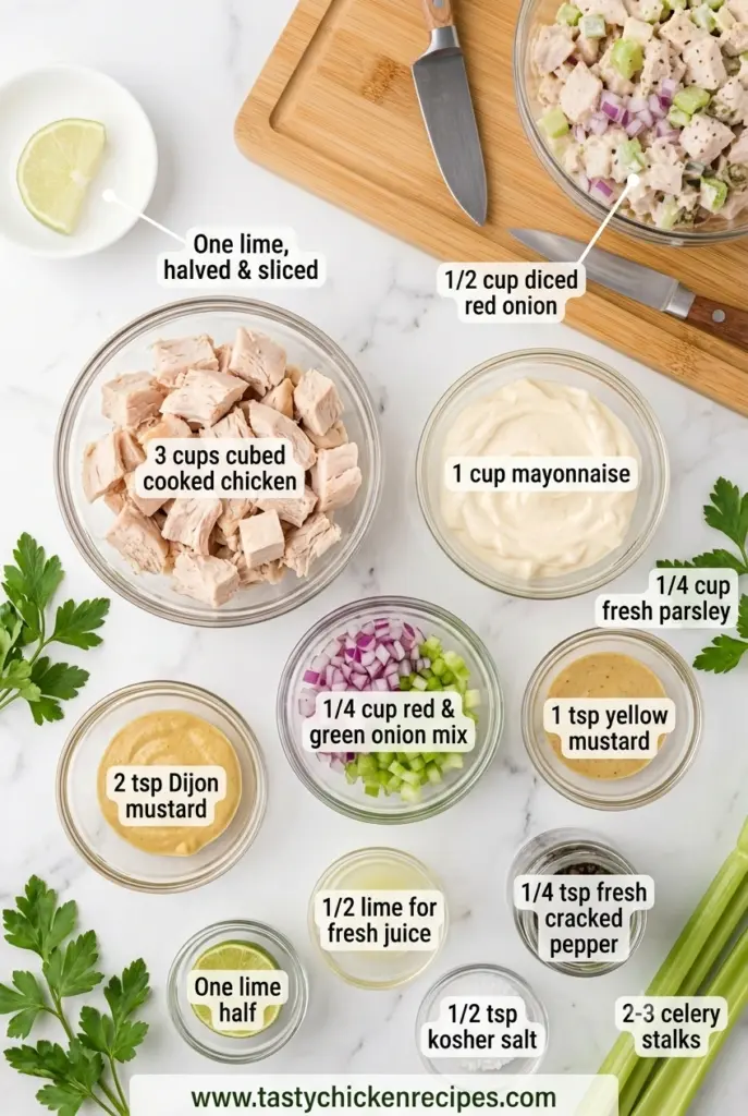Ingredients for chicken salad recipe including chicken, celery, mayonnaise, lemon juice, and onions