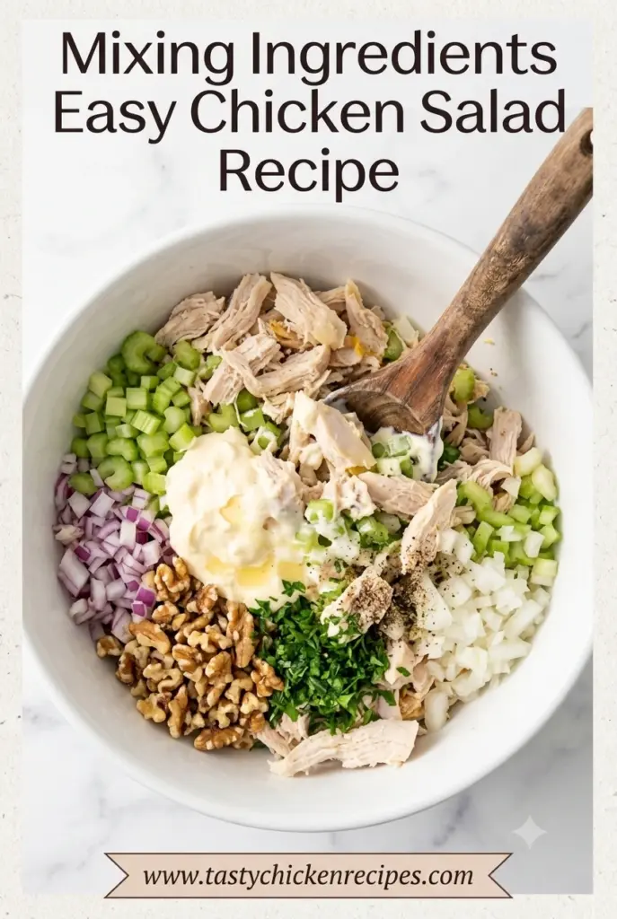 Mixing cooked chicken with creamy dressing to make homemade chicken salad